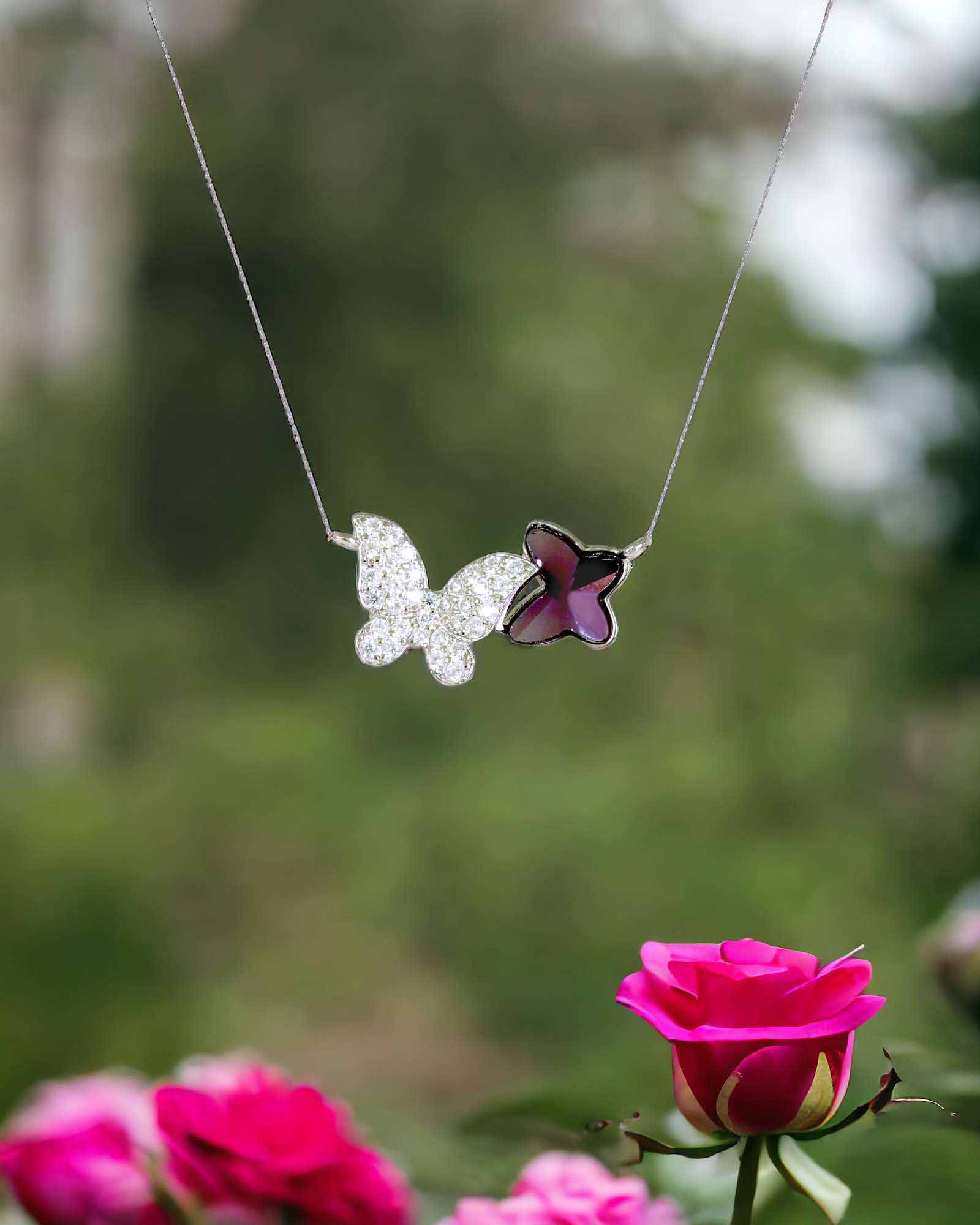 Two butterflies silver pendant with link chain