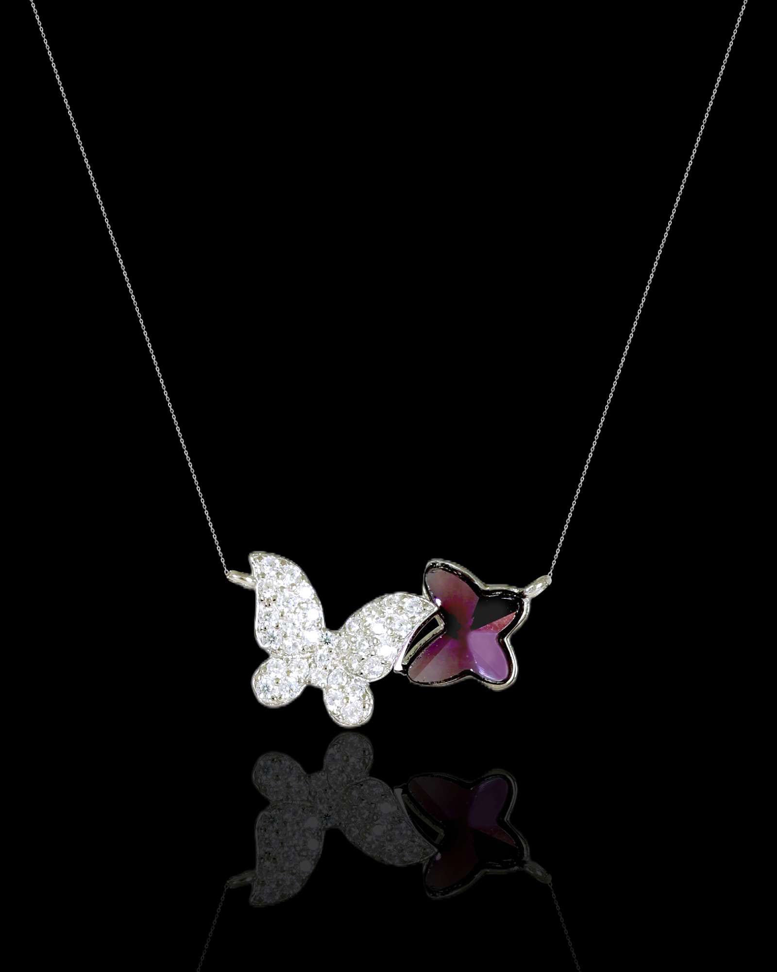 Two butterflies silver pendant with link chain